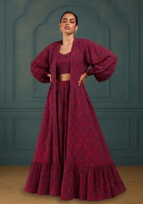 Maroon Printed Silk Lehenga Set