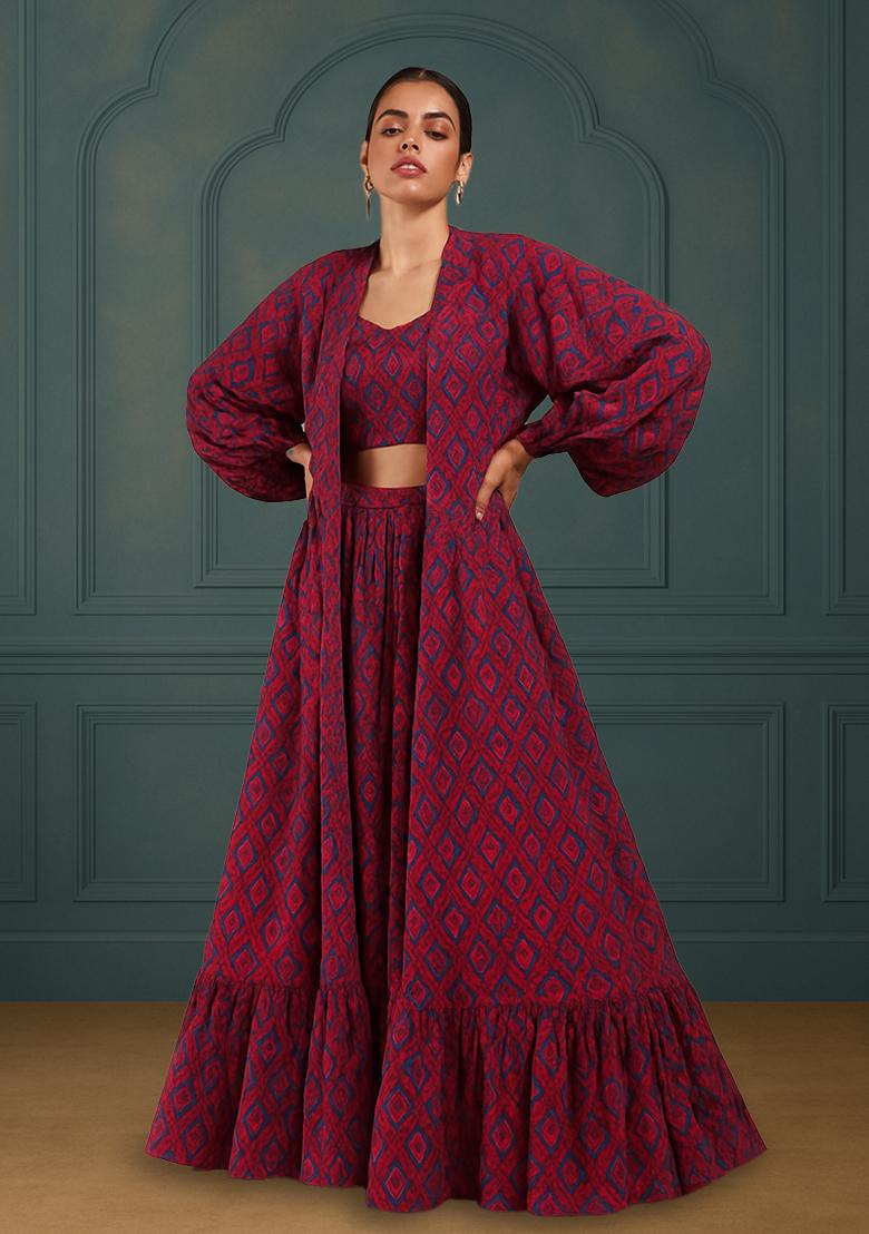 Maroon Printed Silk Lehenga Set