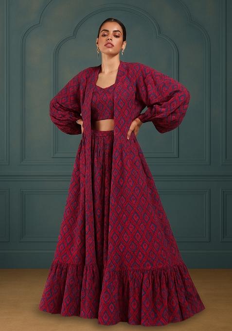 Maroon Printed Silk Lehenga Set