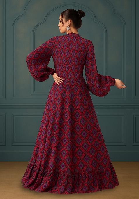 Maroon Printed Silk Lehenga Set