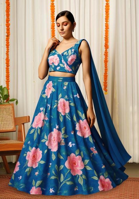 Blue Printed Satin Lehenga Set