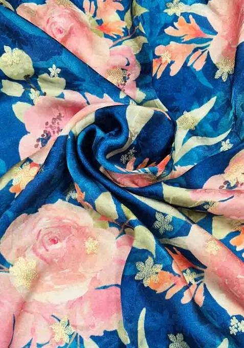 Blue Printed Satin Lehenga Set