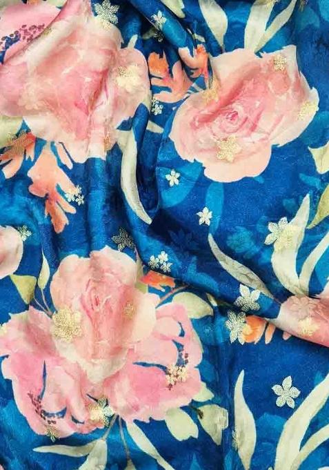 Blue Printed Satin Lehenga Set