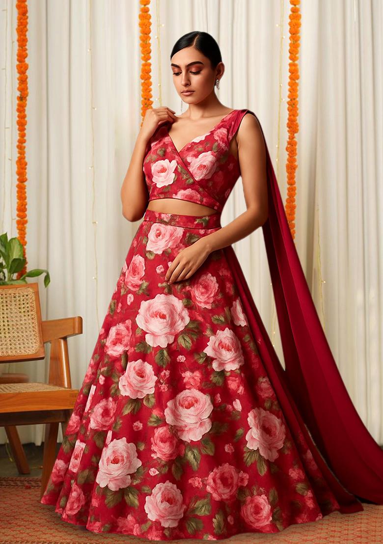 Red Printed Satin Lehenga Set