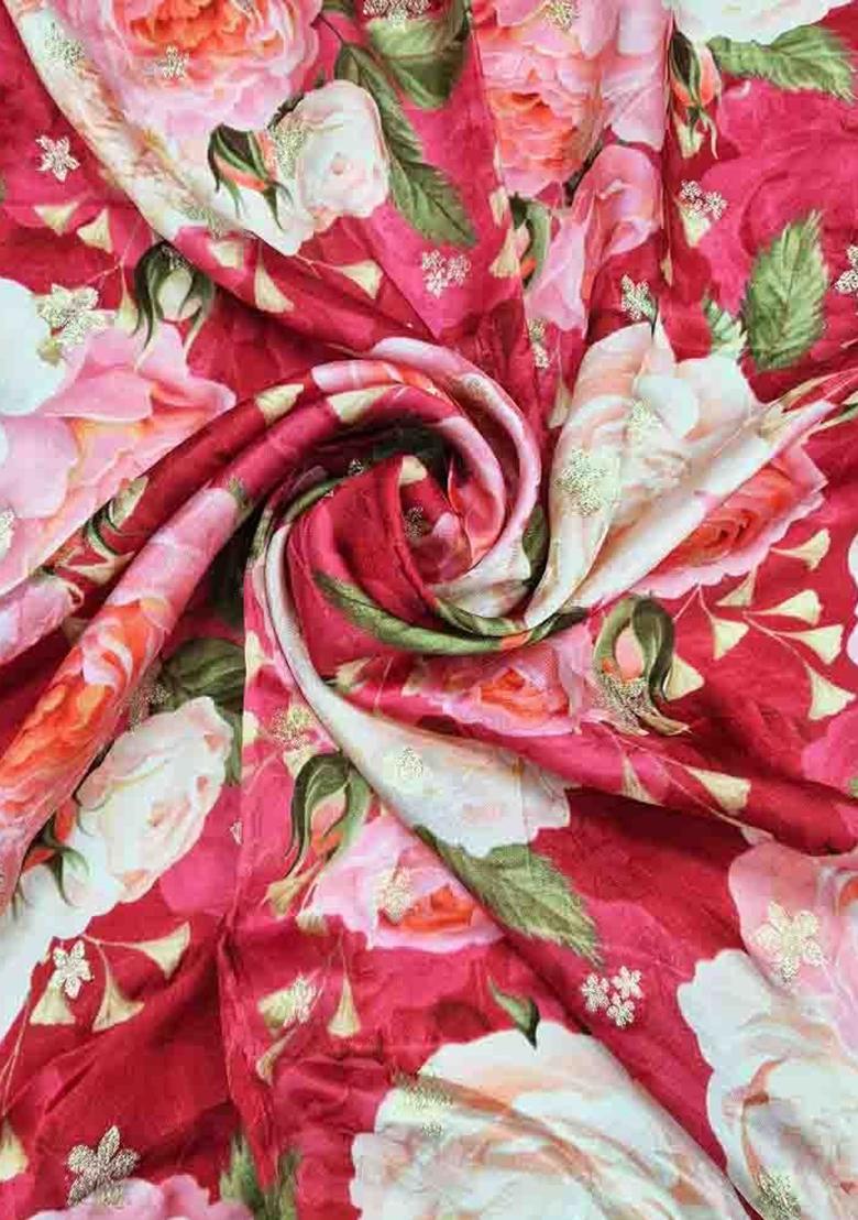 Red Printed Satin Lehenga Set