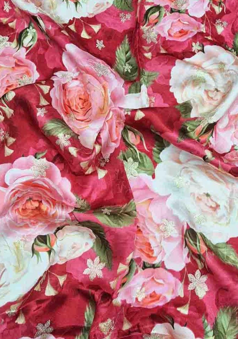 Red Printed Satin Lehenga Set - Indya