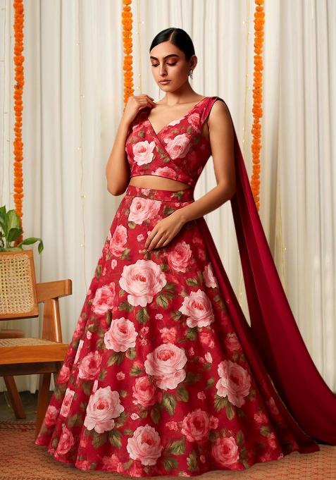Red Printed Satin Lehenga Set