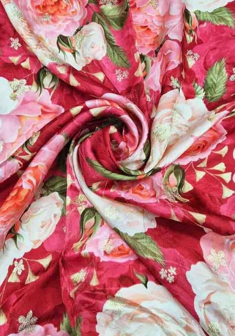 Red Printed Satin Lehenga Set