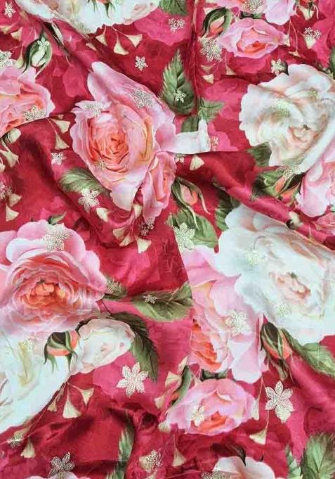 Red Printed Satin Lehenga Set