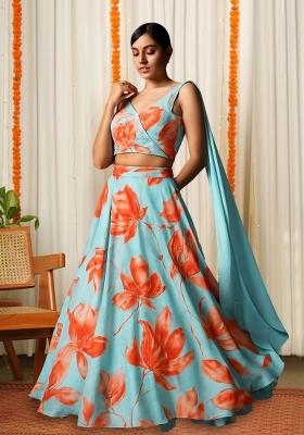 Sky Blue Printed Satin Lehenga Set
