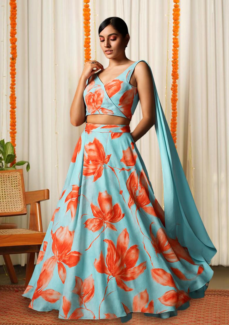 Sky Blue Printed Satin Lehenga Set