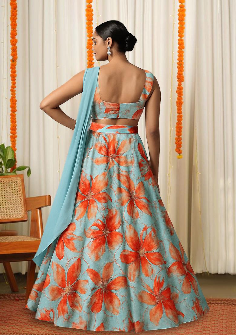 Sky Blue Printed Satin Lehenga Set - Indya