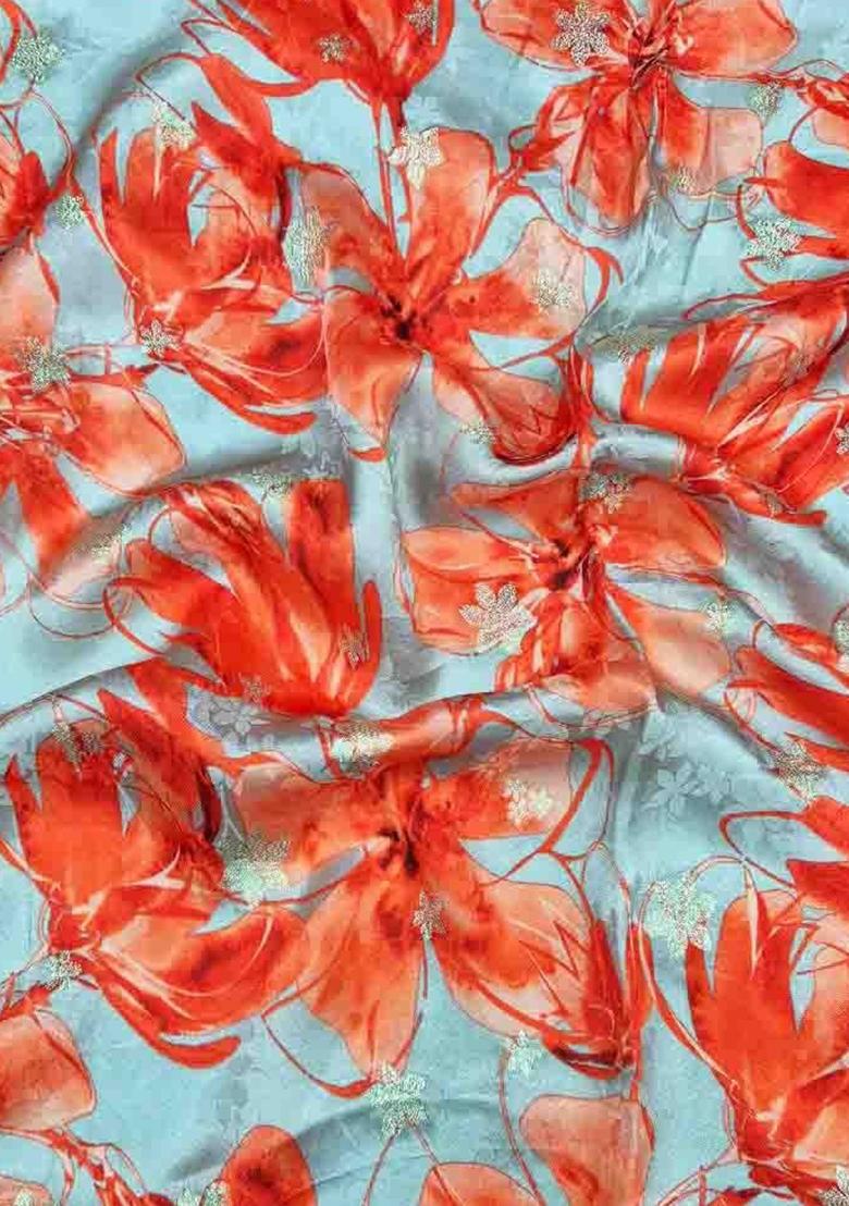 Sky Blue Printed Satin Lehenga Set - Indya