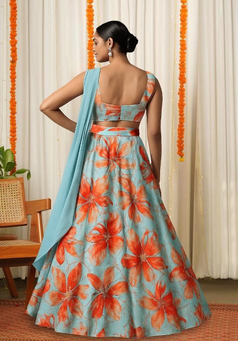 Sky Blue Printed Satin Lehenga Set