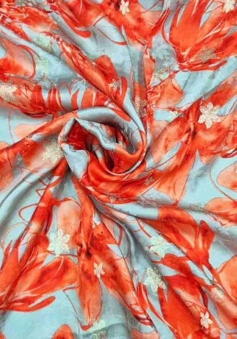 Sky Blue Printed Satin Lehenga Set