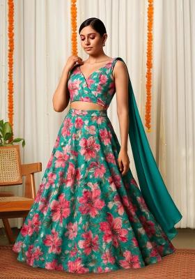 Teal Blue Printed Satin Lehenga Set