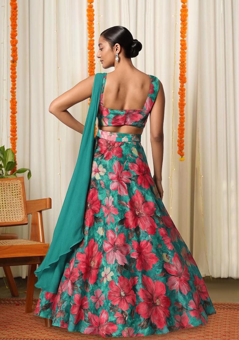 Teal Blue Printed Satin Lehenga Set - Indya