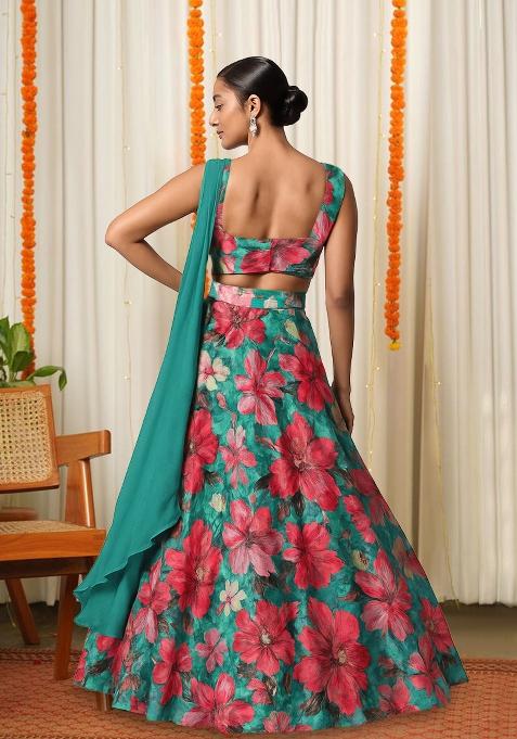 Teal Blue Printed Satin Lehenga Set
