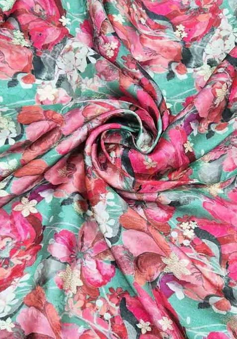 Teal Blue Printed Satin Lehenga Set