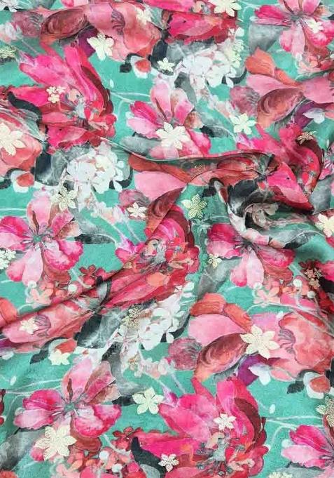 Teal Blue Printed Satin Lehenga Set