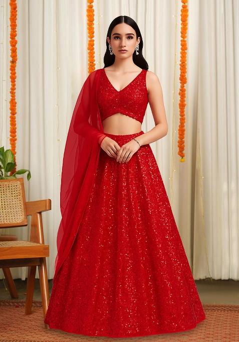 Red Sequin Net Lehenga Set