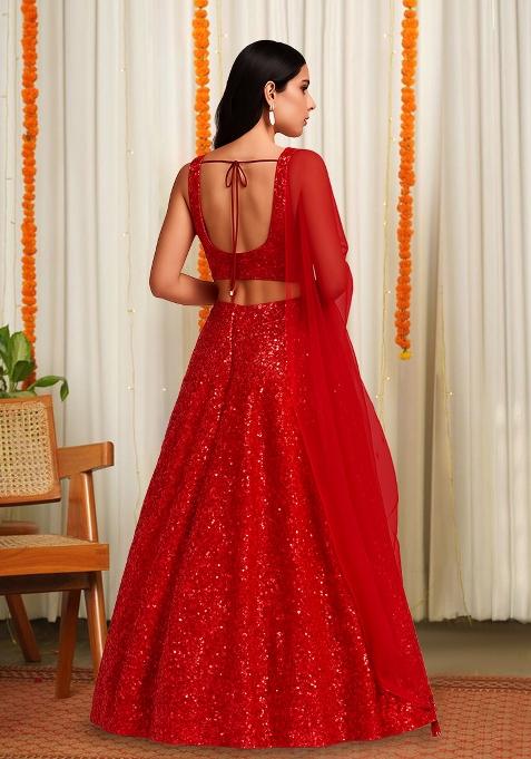Red Sequin Net Lehenga Set