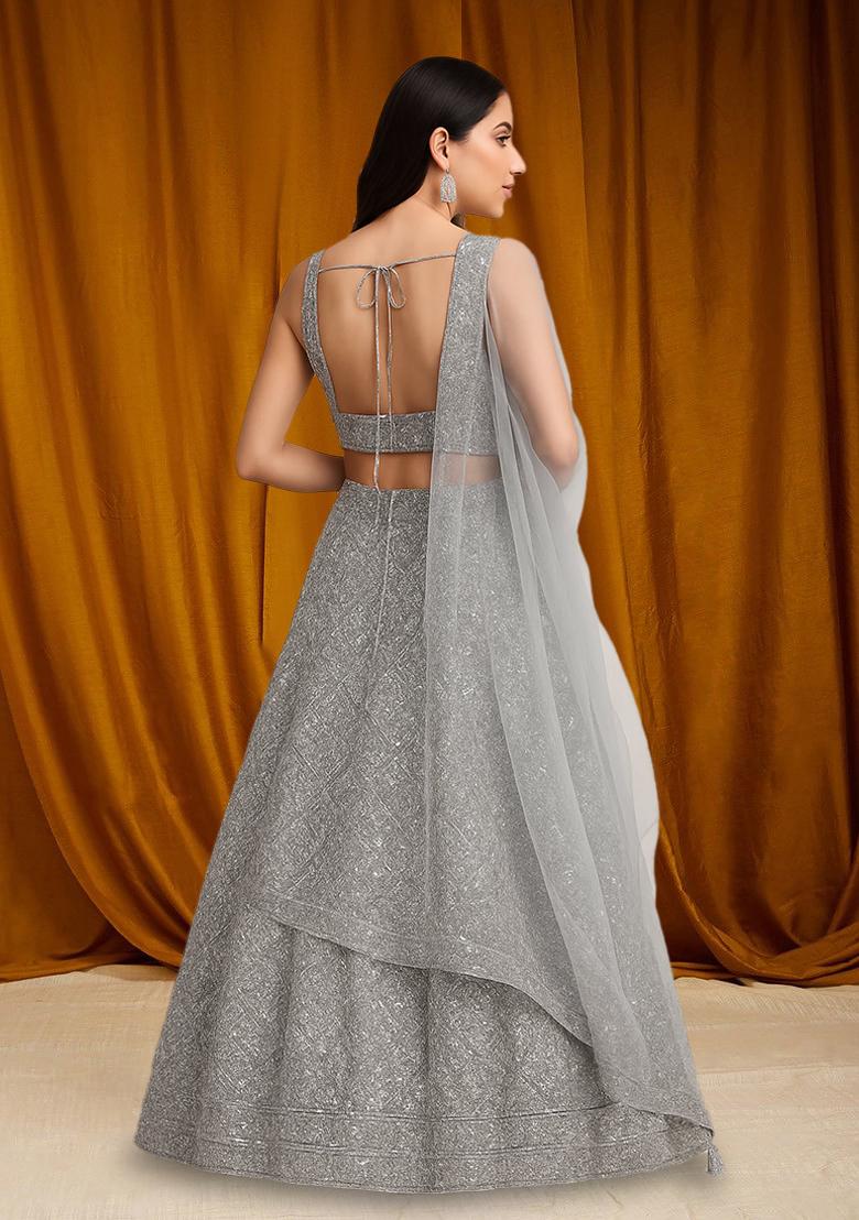 Grey Sequin Net Lehenga Set - Indya