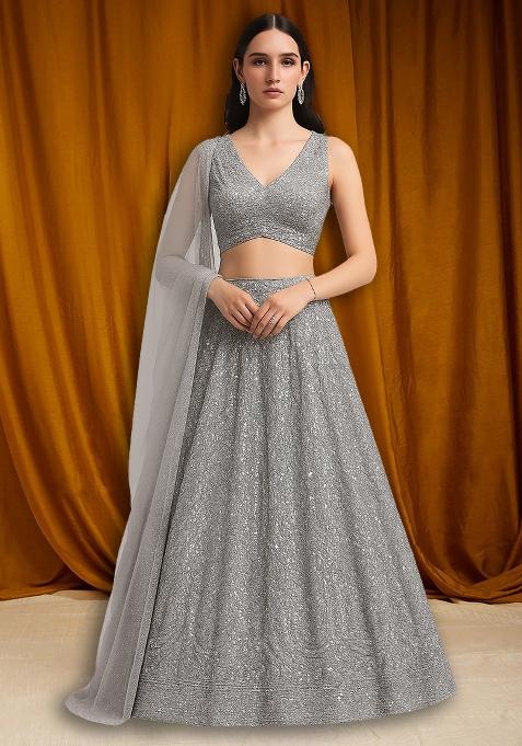 Grey Sequin Net Lehenga Set