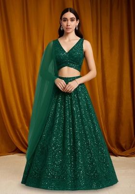 Green Sequin Net Lehenga Set