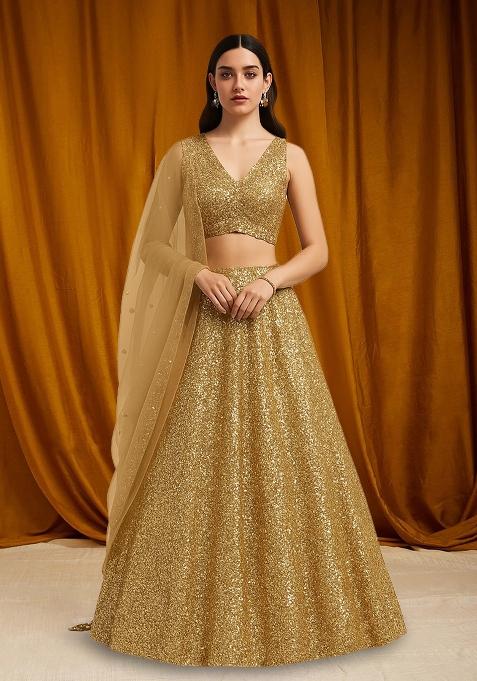 Golden Sequin Net Lehenga Set