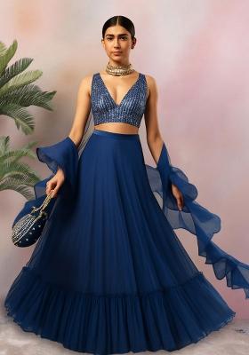 Blue Sequin Embellished Blouse Georgette Lehenga Set