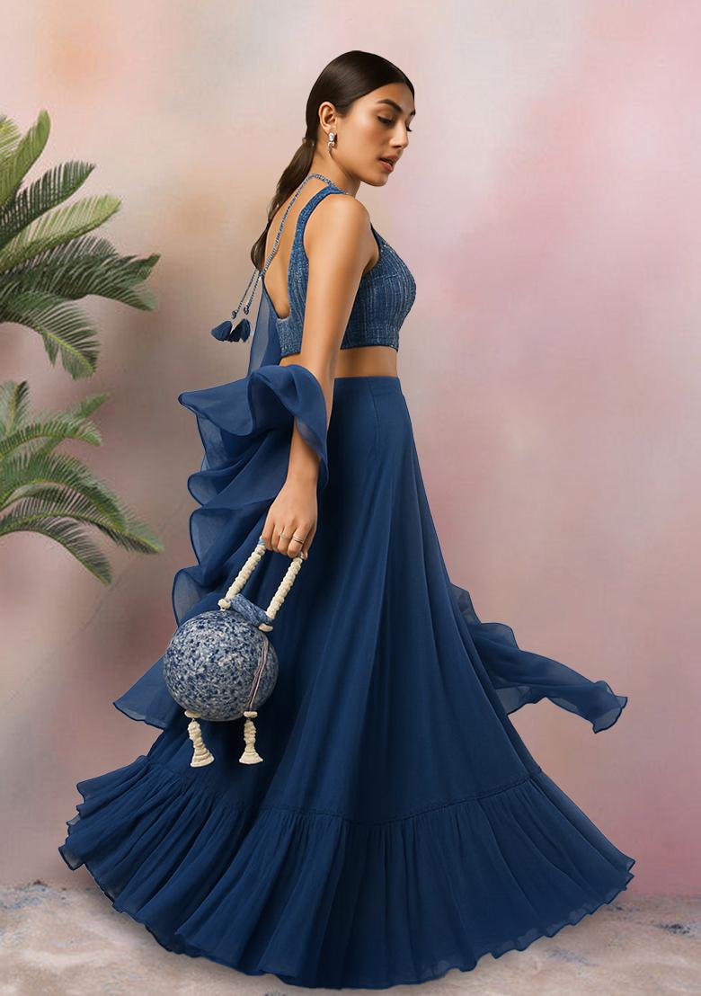 Blue Sequin Embellished Blouse Georgette Lehenga Set