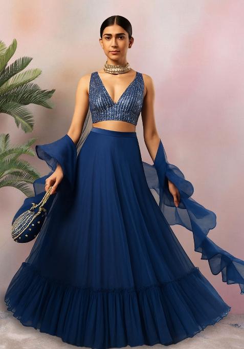 Blue Sequin Embellished Blouse Georgette Lehenga Set
