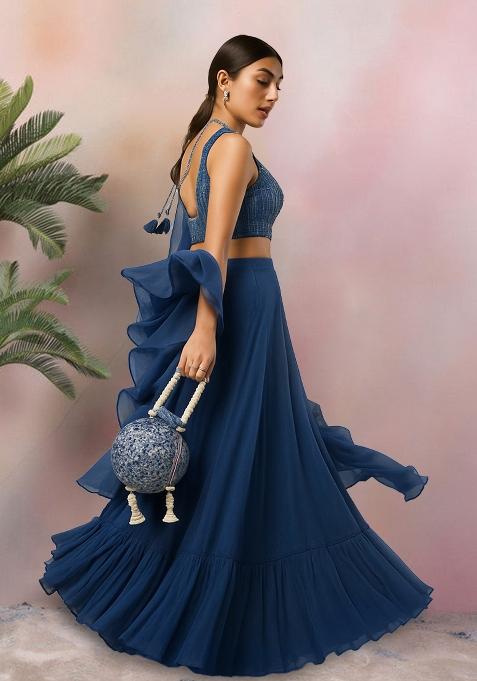 Blue Sequin Embellished Blouse Georgette Lehenga Set