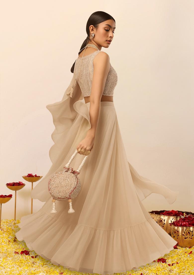 Cream Sequin Embellished Blouse Georgette Lehenga Set - Indya