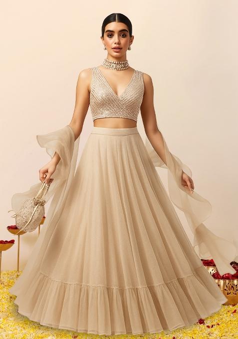 Cream Sequin Embellished Blouse Georgette Lehenga Set
