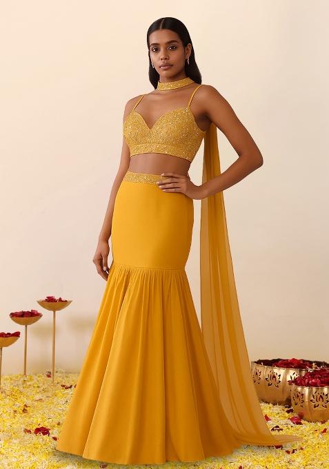 Yellow Sequin Embellished Blouse Georgette Lehenga Set