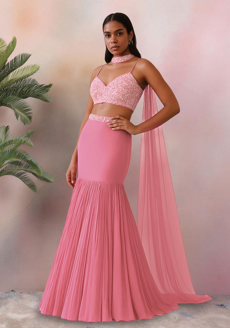 Pink Sequin Embellished Blouse Georgette Lehenga Set