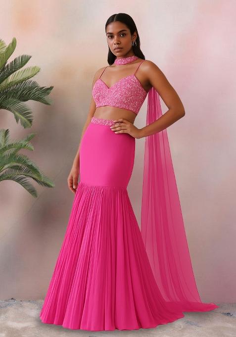 Pink Sequin Embellished Blouse Georgette Lehenga Set