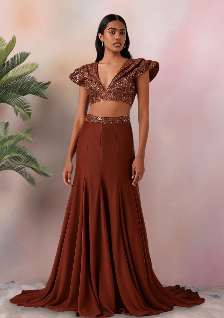 Brown Sequin Embellished Blouse Georgette Lehenga Set