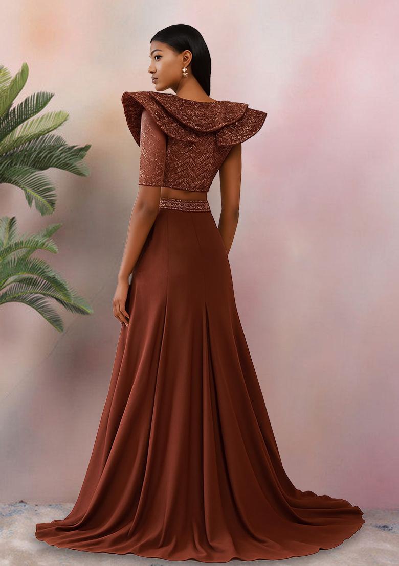 Brown Sequin Embellished Blouse Georgette Lehenga Set - Indya