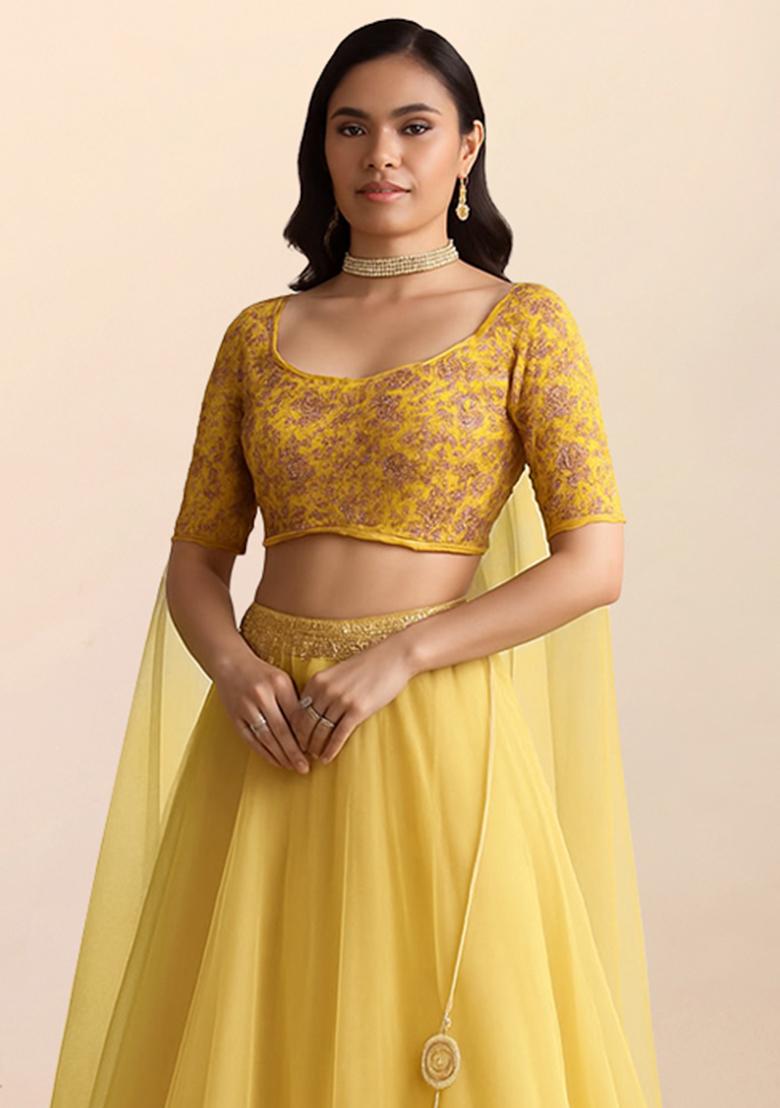 Yellow Embellished Blouse Georgette Lehenga Set - Indya