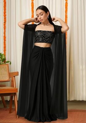 Black Sequin Embellished Blouse Georgette Fusion Set