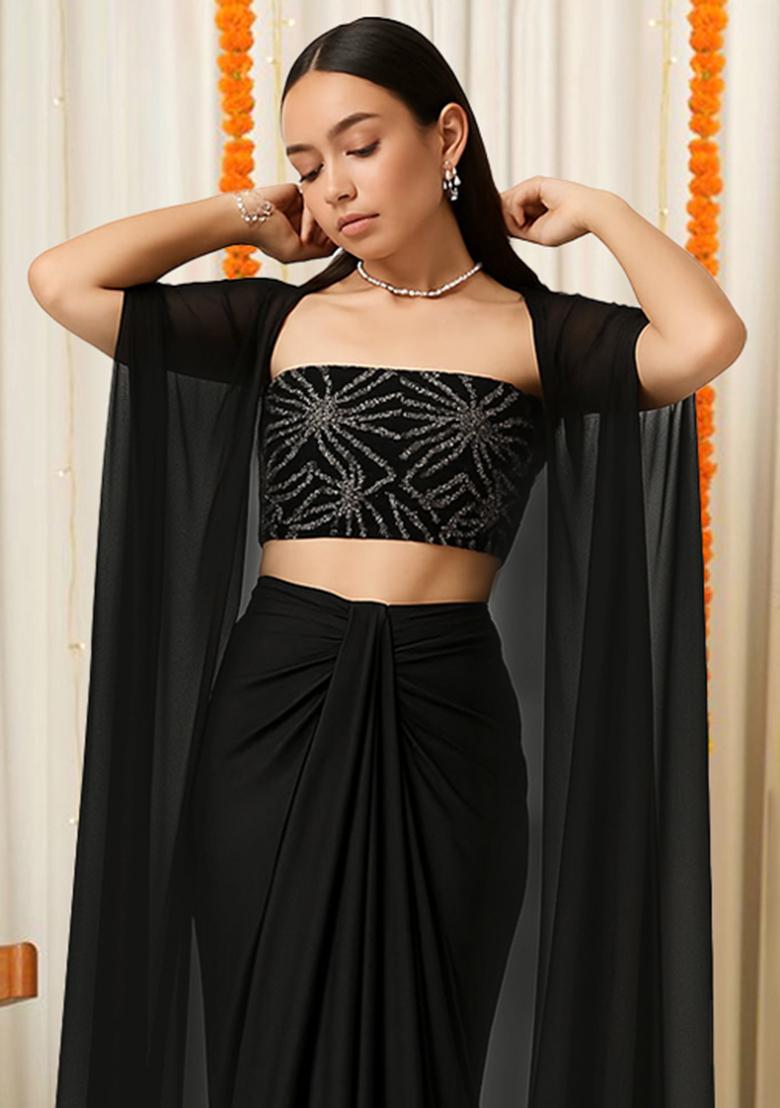Black Sequin Embellished Blouse Georgette Fusion Set - Indya