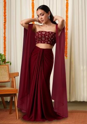 Maroon Sequin Embellished Blouse Georgette Fusion Set