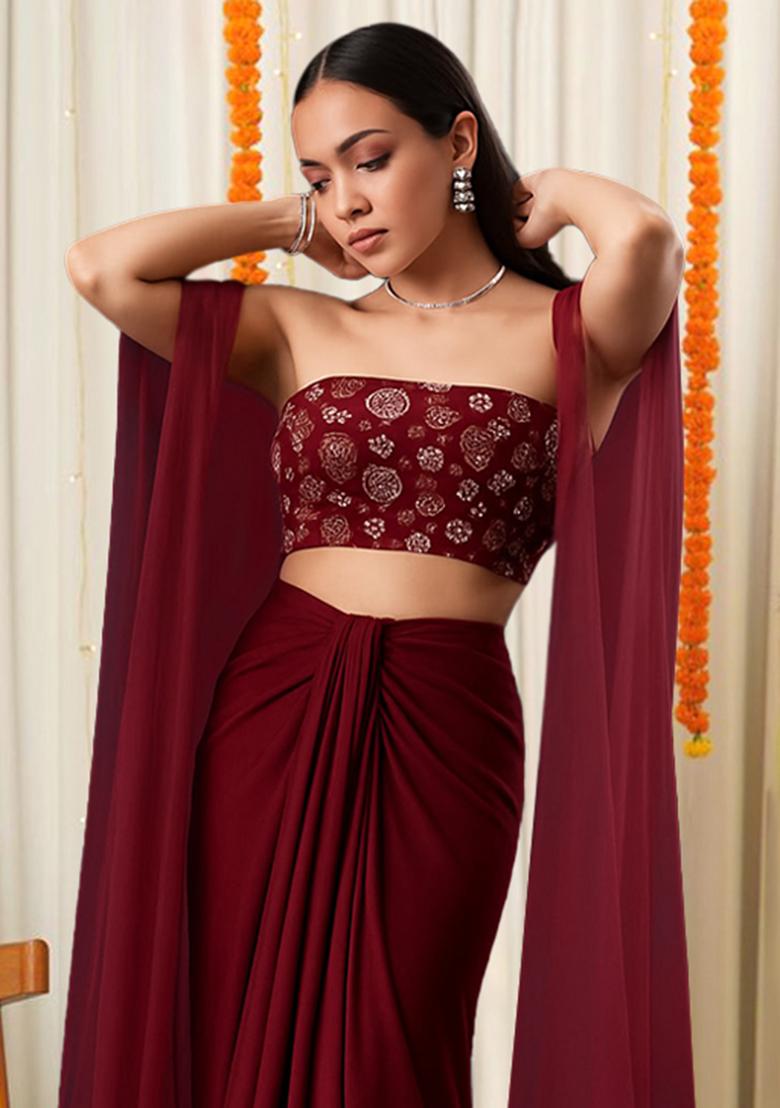 Maroon Sequin Embellished Blouse Georgette Fusion Set - Indya