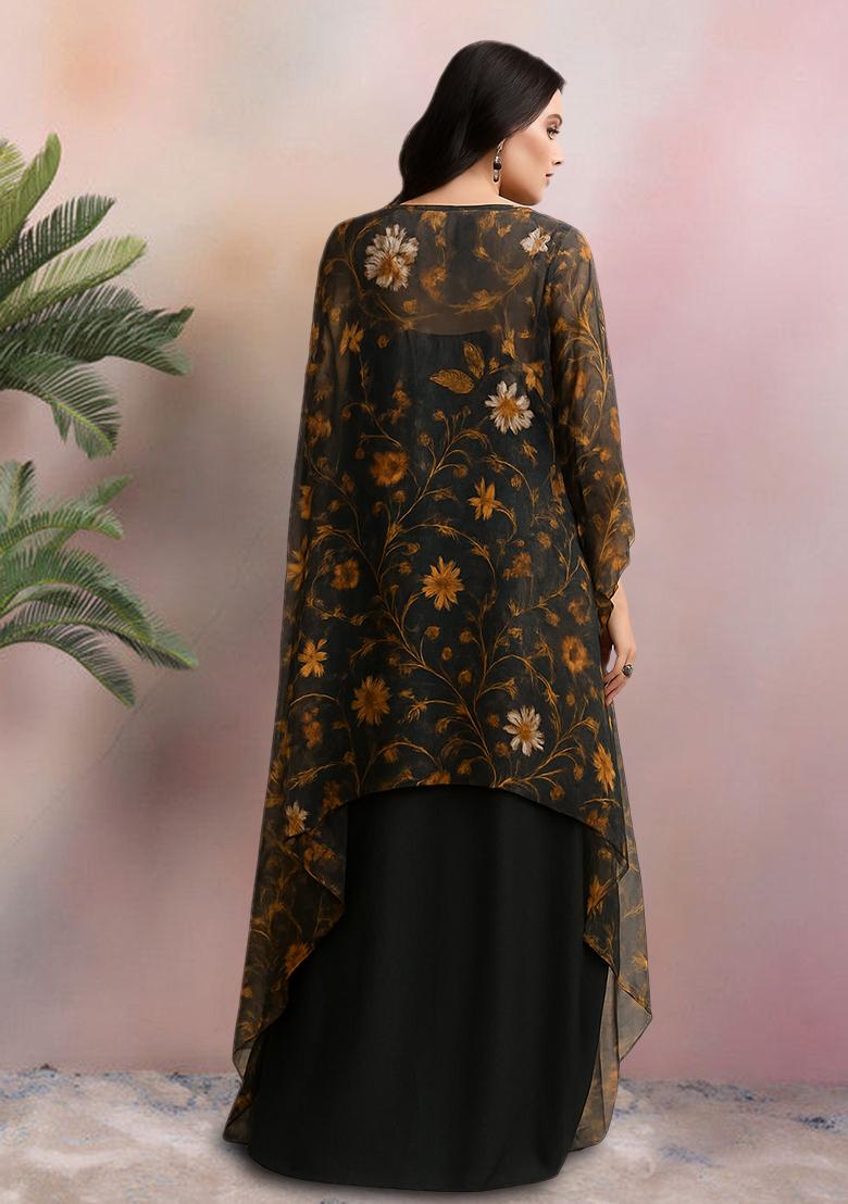 Black Printed Georgette Fusion Set - Indya
