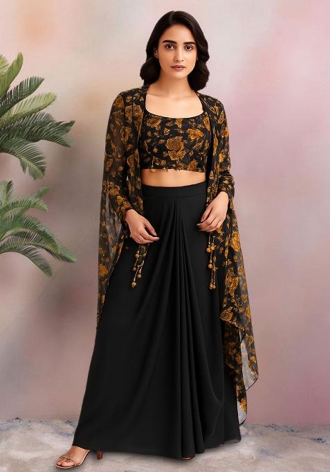Black Printed Georgette Fusion Set