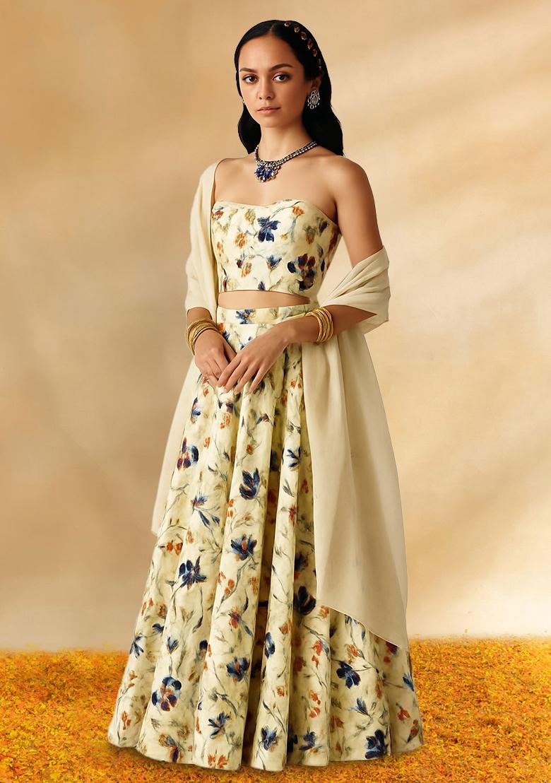 Beige Printed Crepe Lehenga Set