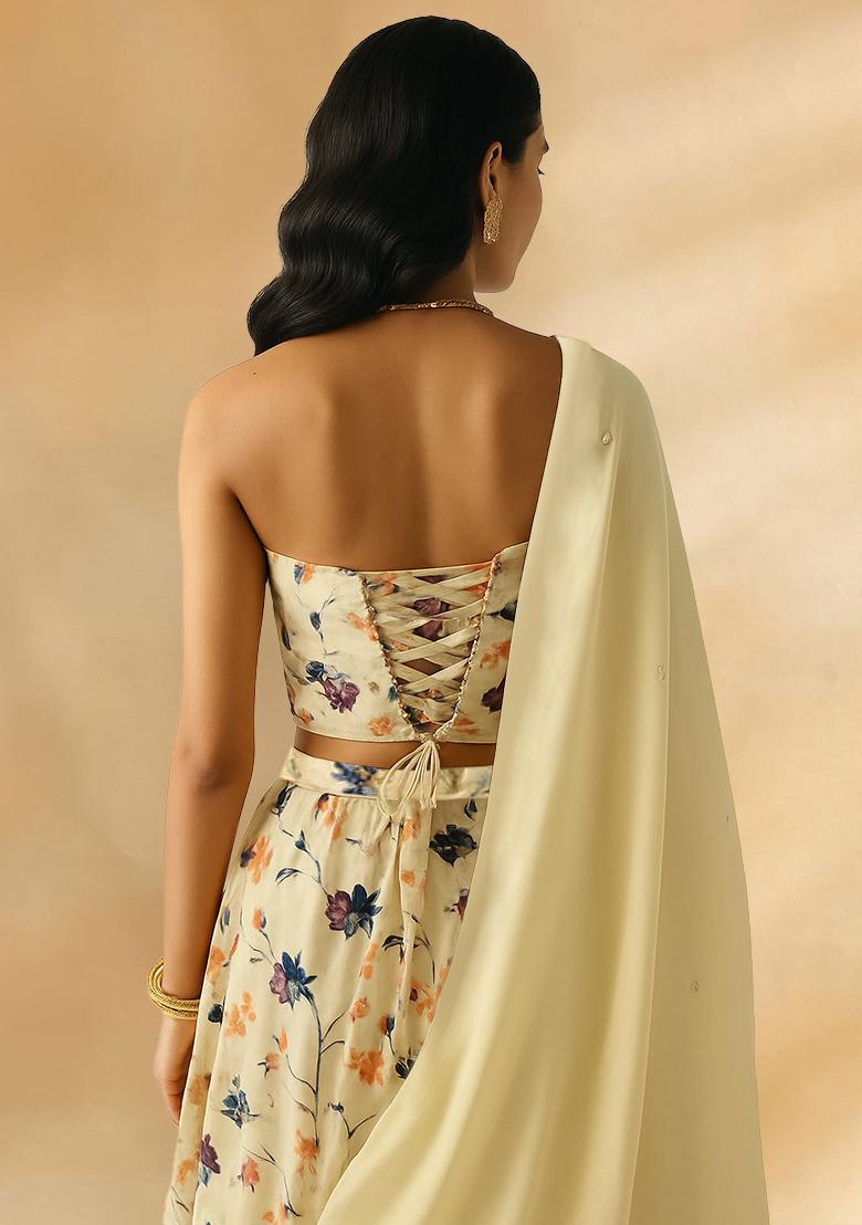 Beige Printed Crepe Lehenga Set - Indya